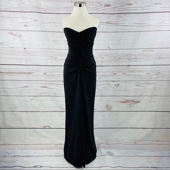 Nicole Miller New York long black dress with ruching and bows strapless